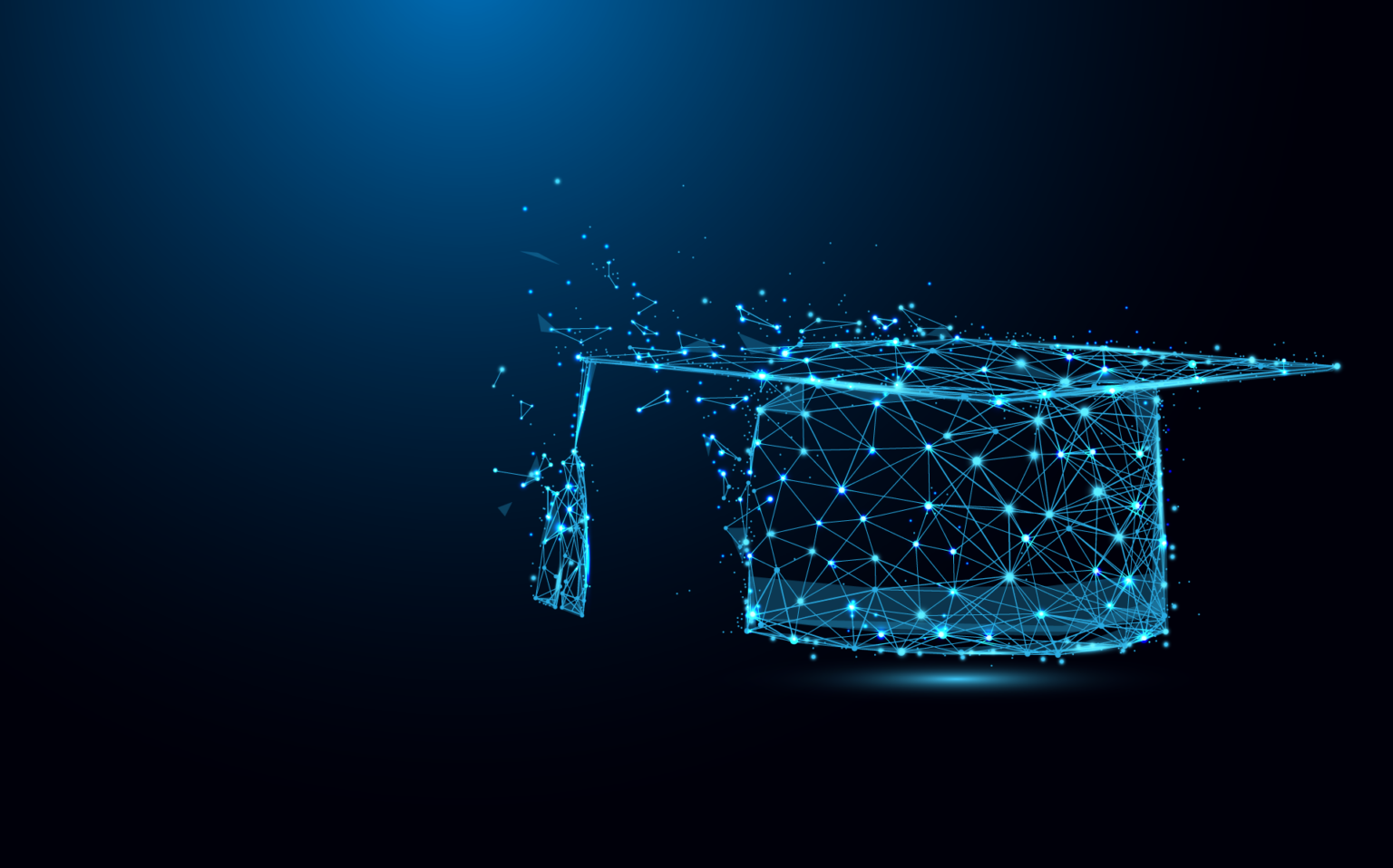 Absztrakt Graduation sapka formában vonalak és háromszögek, pont összekötő hálózat kék háttérrel.