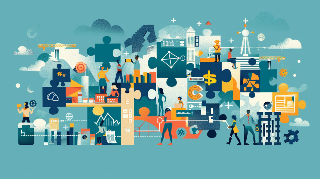 A digitális készséghiány áthidalása Európában: Felhívás a kompetenciamenedzsment jövőorientált megközelítésére Egy vektoros illusztráció hasonlít egy puzzle az emberek dolgozik technológia világoskék háttérrel.